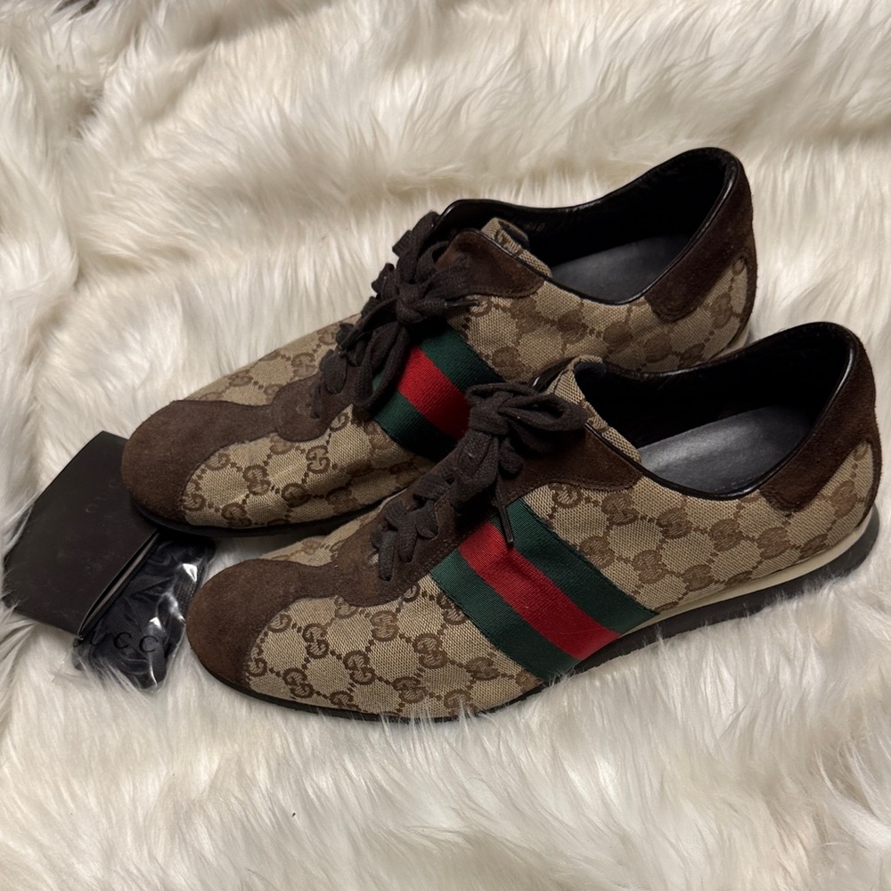 Gucci Men's Monogram Sneakers with Red and Green Accents Dark Brown Suede 9.5